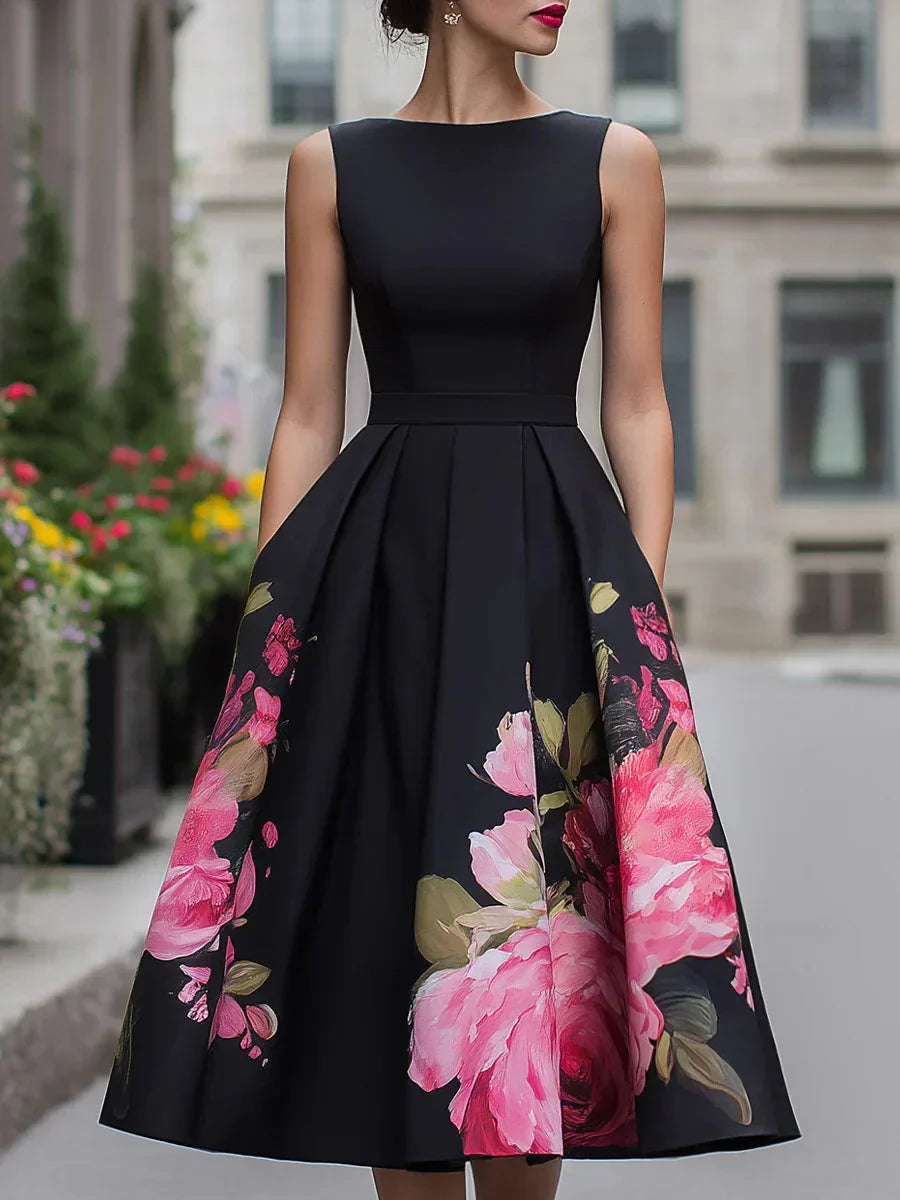 Xavia - Robe coupe fleurie et évasée mi-longue élégante
