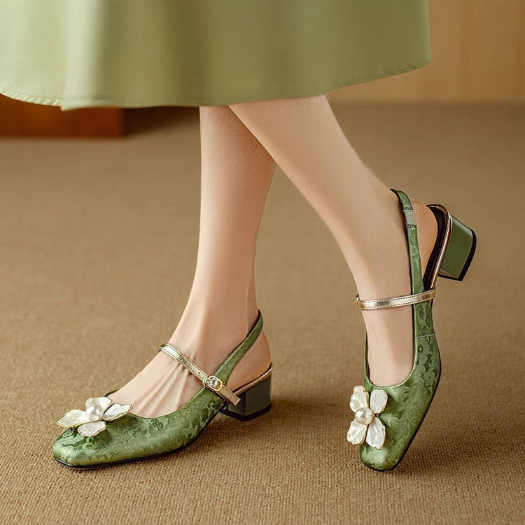 Florine - Escarpins floraux à bride arrière et bout carré, chaussures à talons blocs