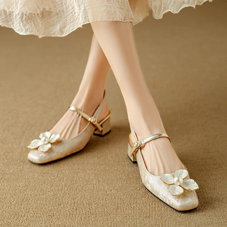 Florine - Escarpins floraux à bride arrière et bout carré, chaussures à talons blocs