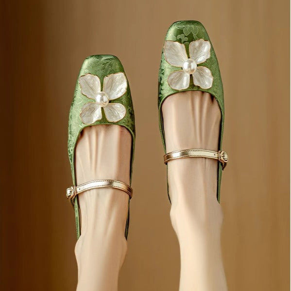 Florine - Escarpins floraux à bride arrière et bout carré, chaussures à talons blocs