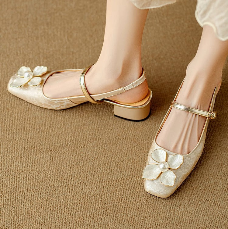 Florine - Escarpins floraux à bride arrière et bout carré, chaussures à talons blocs