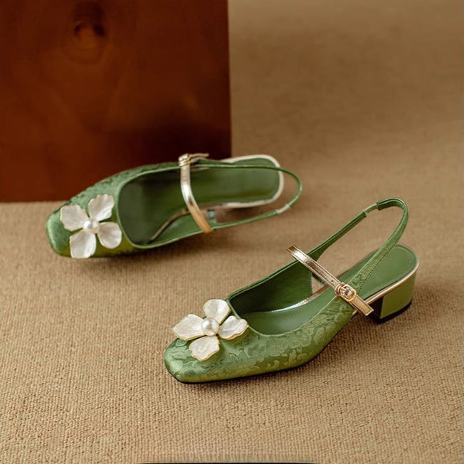 Isabeau - Escarpins Mary Jane à fleurs, talon bloc, bride jacquard