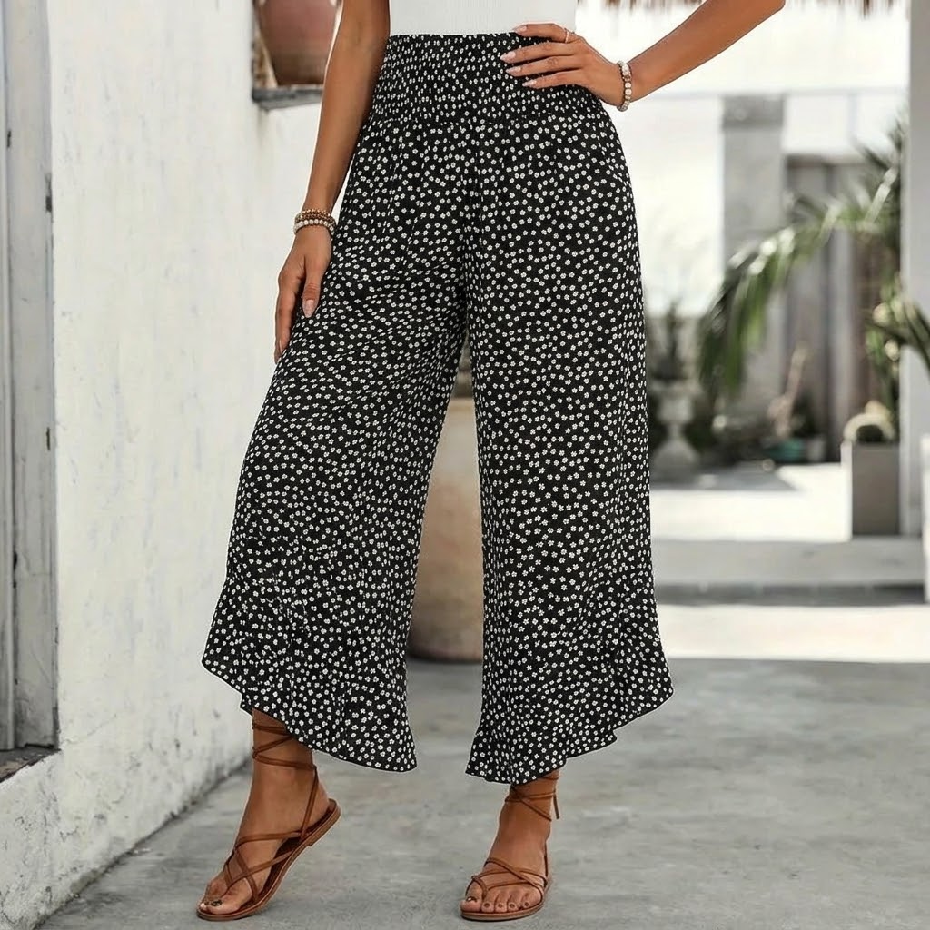 Velura - Pantalon smocké à jambe large et à volants