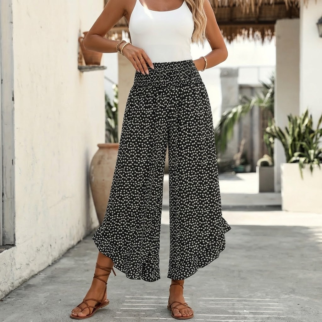 Velura - Pantalon smocké à jambe large et à volants