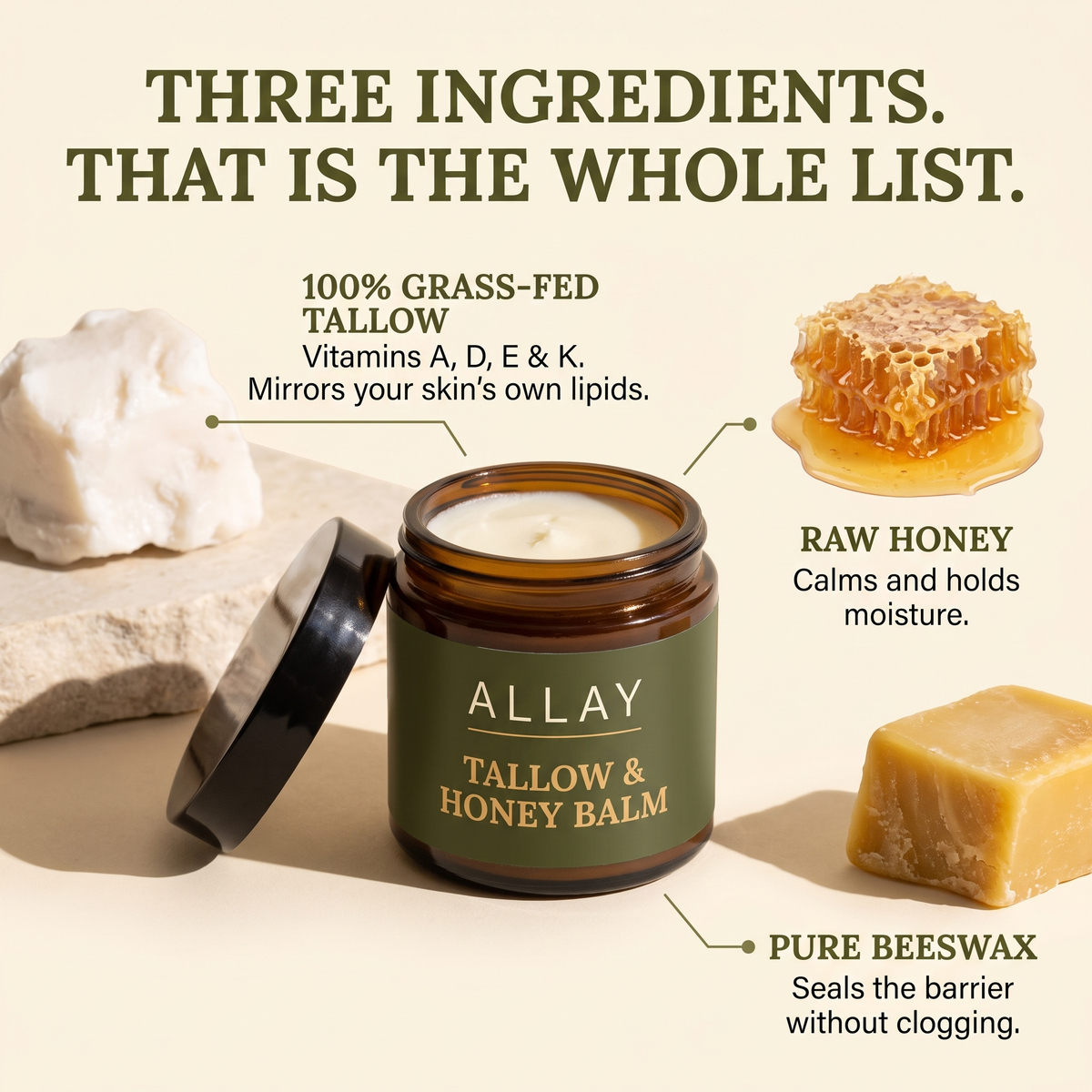 Allay — three ingredients, that is the whole list: grass-fed tallow, raw honey, beeswax