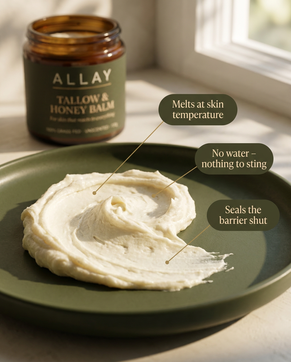 Allay whipped tallow balm texture - melts at skin temperature, no water, seals the barrier