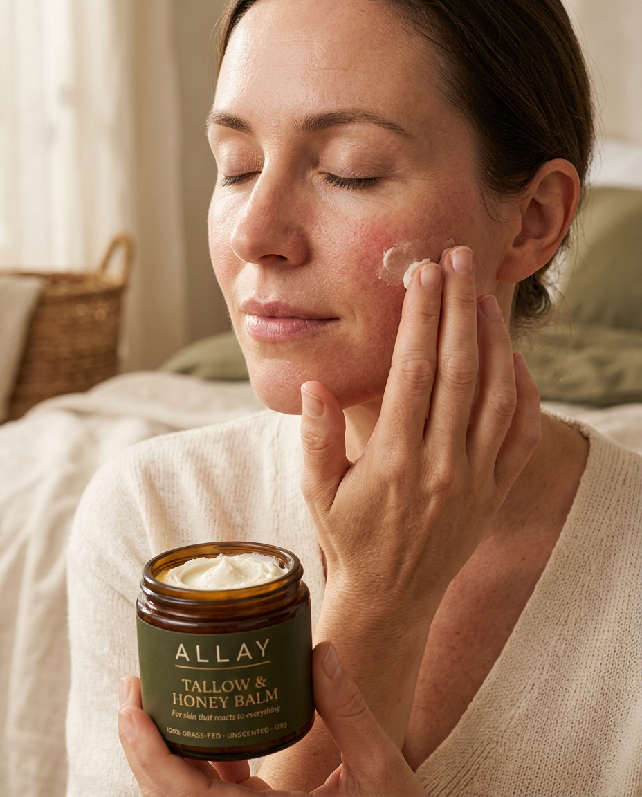 Applying Allay tallow and honey balm to calm reactive skin