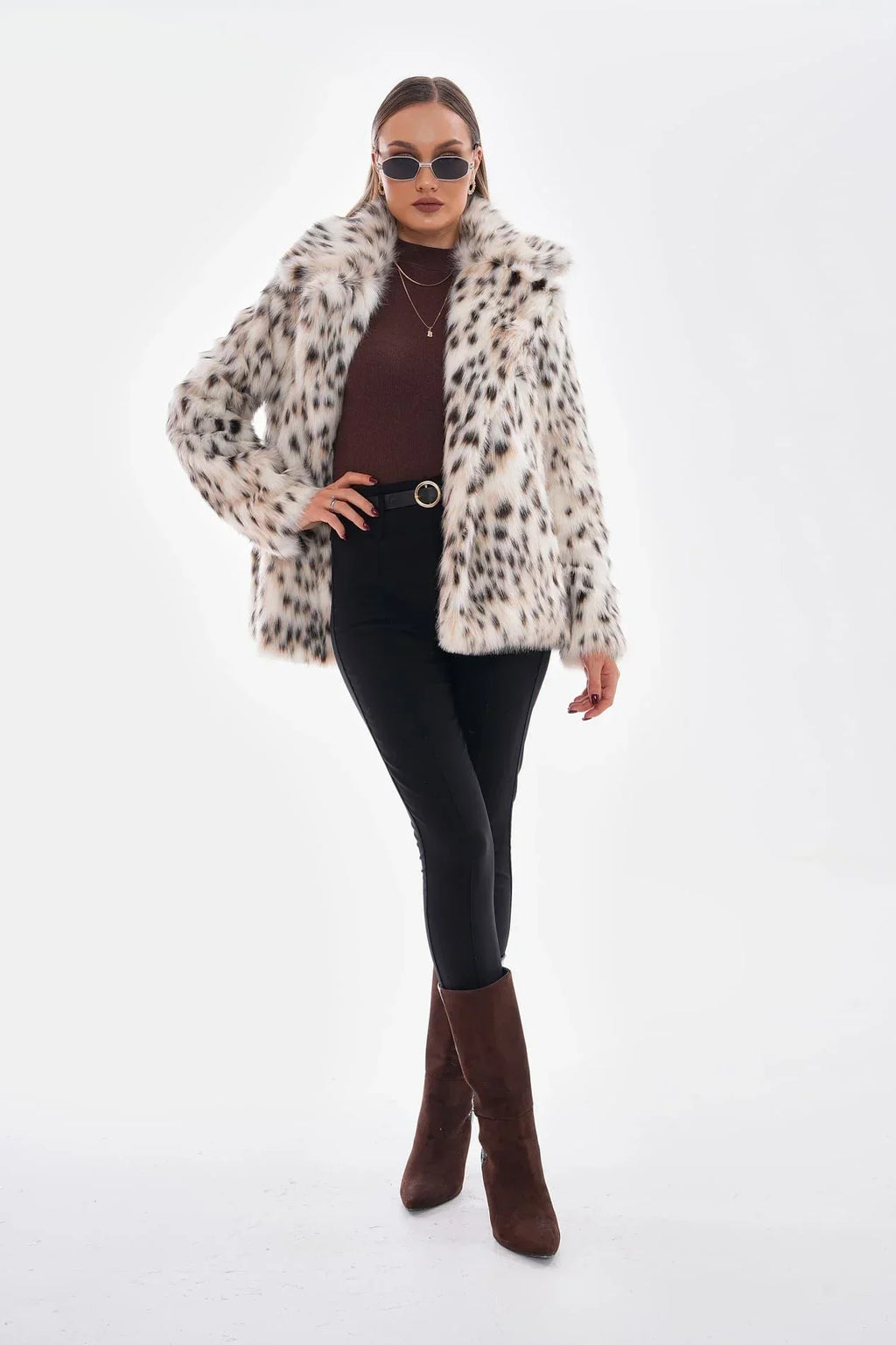 Thea - Manteau en fausse fourrure léopard des neiges - Camel