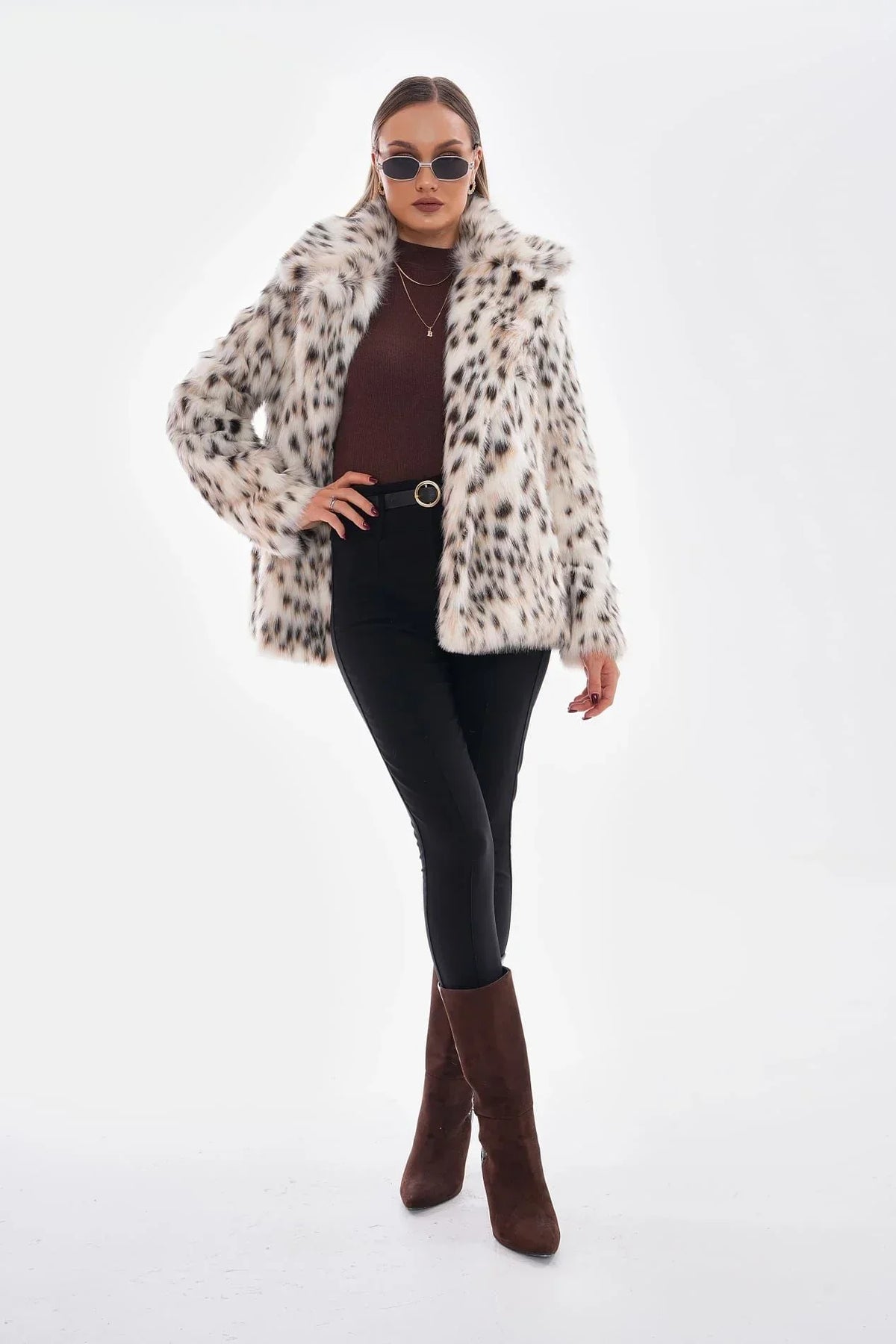Thea - Manteau en fausse fourrure léopard des neiges - Camel