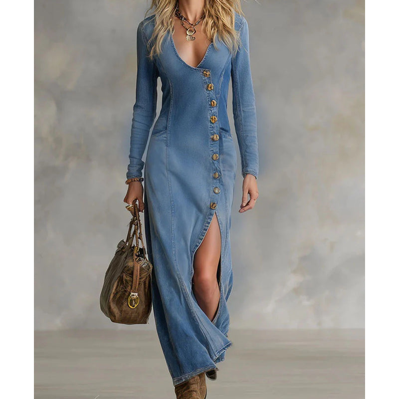 Fleur - Robe longue fendue à col en V