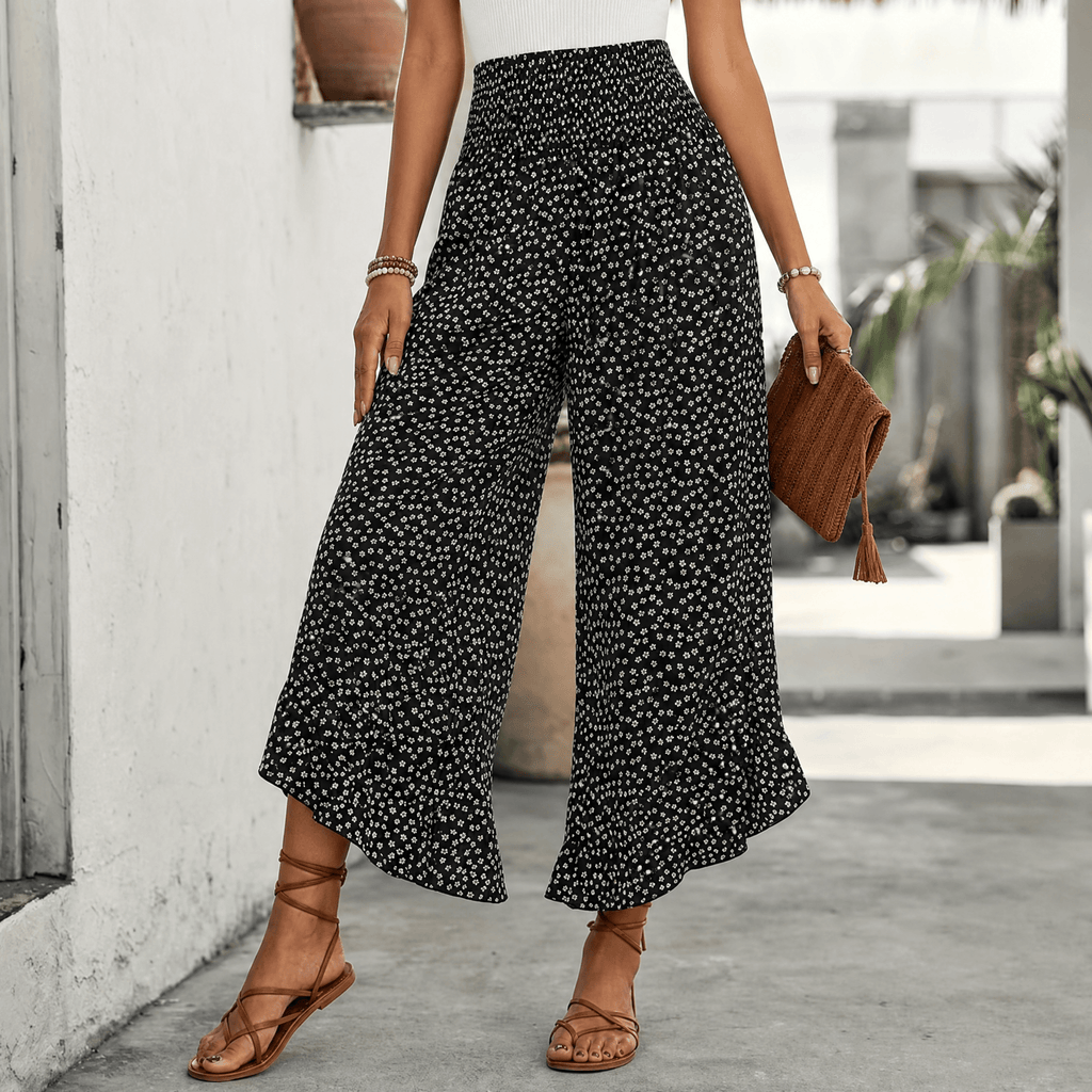 Velura – Pantalon Large Smocké À Volants Noir
